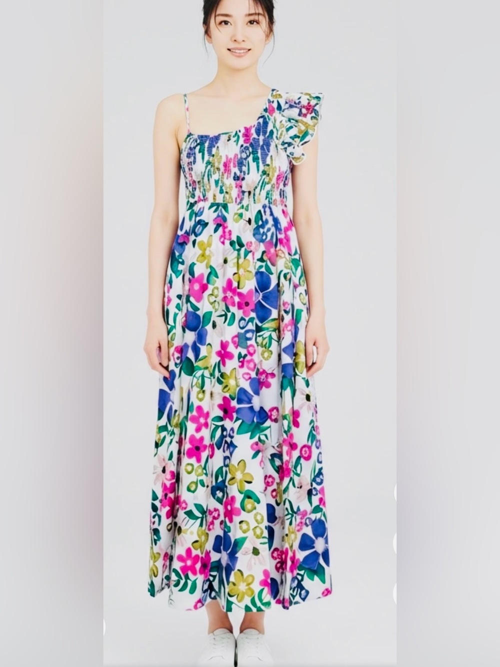 NWT Vernacular 100% Cotton One Shoulder Smocked Floral Maxi Dress Size M